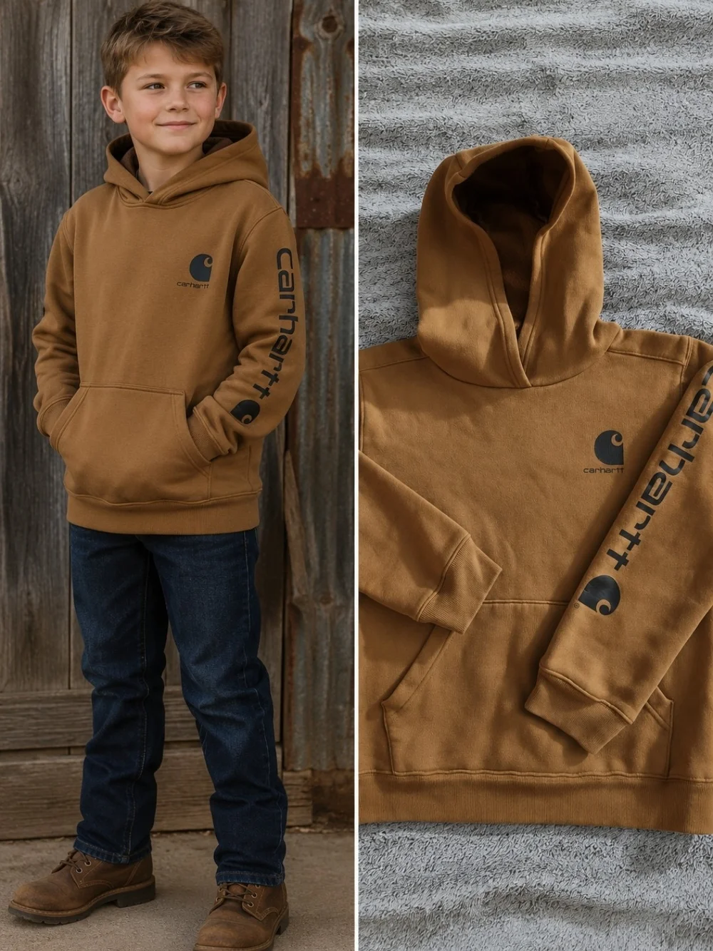 Carhartt Boys Brown Hoodie Logo Sleeve Fleece Pullover Youth Small 8-10